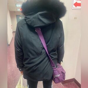 Ladies Black puff coat with pull string. genuine fox fur Hooded winter coat